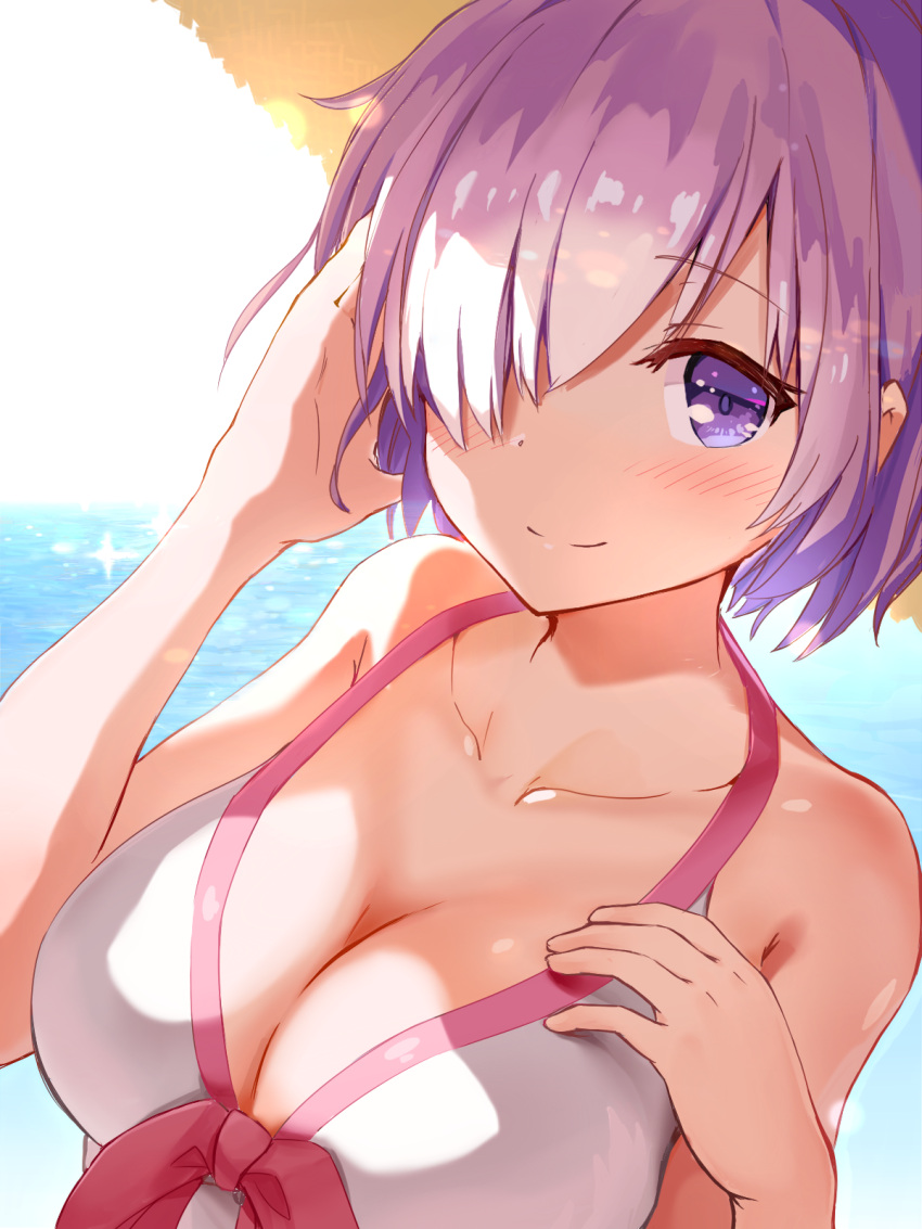 1girl arm_up bangs beach blush breasts closed_mouth collarbone day fate/grand_order fate_(series) hair_over_one_eye hand_in_hair hands_up hat highres horizon large_breasts light_smile looking_at_viewer maeshimashi ocean outdoors purple_hair shielder_(fate/grand_order) short_hair smile solo straw_hat sun_hat swimsuit violet_eyes white_swimsuit