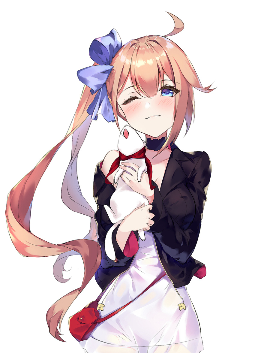 1girl ;3 animal bangs blonde_hair blue_bow blue_eyes blush bow closed_mouth dress eyebrows_visible_through_hair fal_(girls_frontline) ferret ginon_(sjyh3466) girls_frontline hair_between_eyes hair_bow highres holding holding_animal jacket long_hair looking_at_viewer one_eye_closed open_clothes open_jacket side_ponytail sidelocks simple_background smile solo very_long_hair white_background white_dress