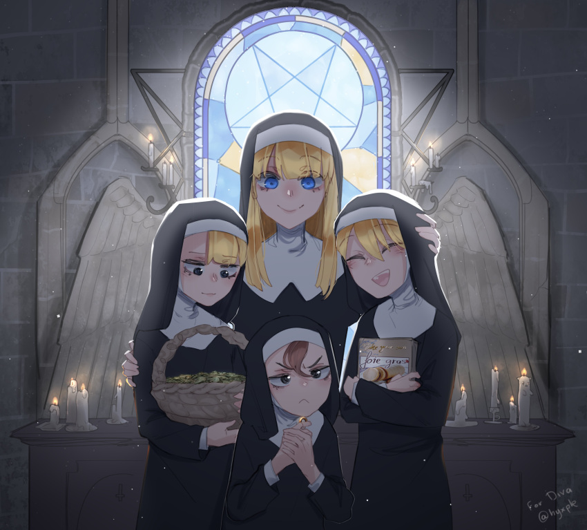 4girls absurdres basket black_dress blonde_hair blue_eyes brown_hair candle closed_mouth commission dress habit hand_on_another's_head hand_on_another's_shoulder highres holding holding_basket jewelry long_hair looking_at_viewer multiple_girls nun original pentagram popopoka ring smile the_silmarillion tolkien's_legendarium wings