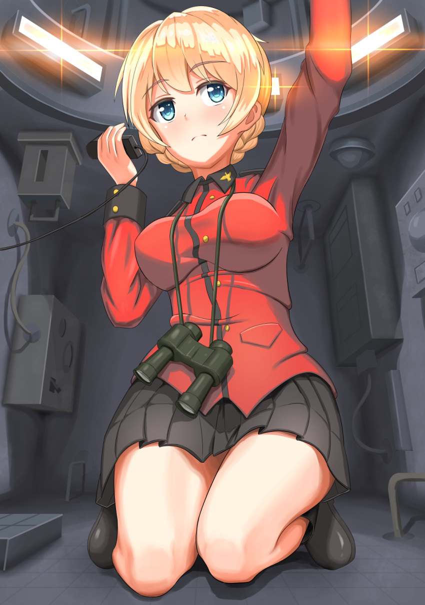 1girl arm_up bangs binoculars black_boots black_skirt blonde_hair blue_eyes boots braid closed_mouth commentary_request darjeeling epaulettes eyebrows_visible_through_hair full_body girls_und_panzer highres holding jacket kneeling light_frown long_sleeves looking_to_the_side military military_uniform miniskirt pleated_skirt radio red_jacket short_hair skirt solo st._gloriana's_military_uniform tank_interior tied_hair twin_braids uniform yuru_melon