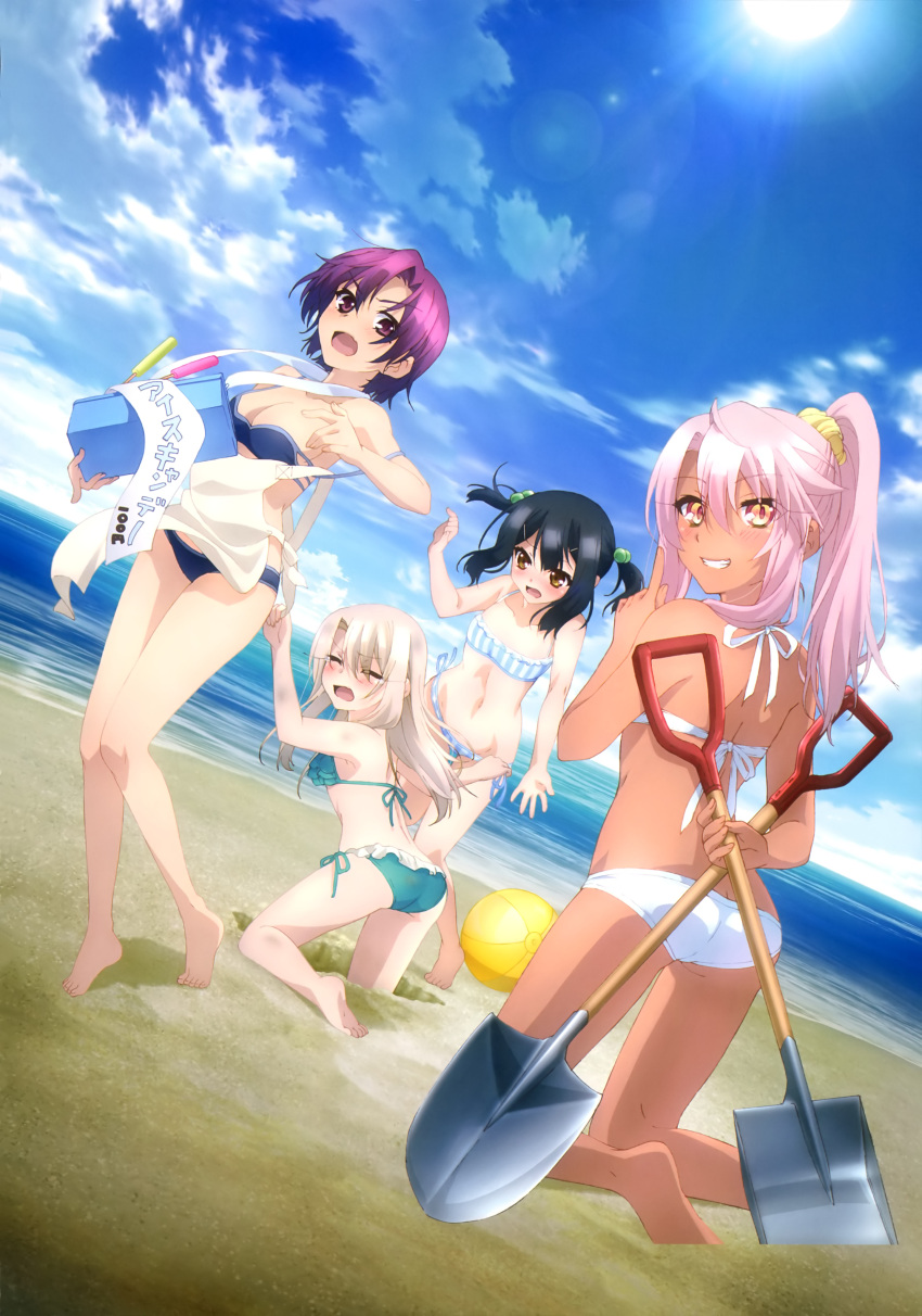 4girls absurdres aqua_bikini artist_request ass assisted_exposure ball bare_legs barefoot bazett_fraga_mcremitz beach beachball bikini bikini_pull black_hair blue_bikini_bottom blue_sky blush breasts brown_eyes butt_crack chloe_von_einzbern cleavage closed_eyes clouds cloudy_sky dark_skin day dutch_angle eyebrows_visible_through_hair fate/kaleid_liner_prisma_illya fate_(series) feet finger_to_mouth frilled_bikini frills grin hair_between_eyes hair_bobbles hair_ornament hair_scrunchie hairclip highres horizon illyasviel_von_einzbern kneeling light_brown_hair long_sleeves looking_at_viewer looking_back medium_breasts miyu_edelfelt multiple_girls navel official_art pink_hair ponytail purple_hair scan scrunchie short_hair shovel side-tie_bikini sidelocks sky small_breasts smile strap_slip striped swimsuit twintails vertical-striped_bikini vertical_stripes violet_eyes wavy_mouth white_bikini_bottom worktool