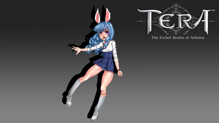 1girl absurdres animal_ears bandaid blue_eyes blue_hair copyright_name curly_hair elin_(tera) fang grey_background highres kneehighs long_hair loose_necktie necktie open_mouth outstretched_arm panties panty_peek rabbit_ears school_uniform shirt shoes simple_background skirt solo striped striped_panties tera_online underwear whiskers white_legwear white_shirt