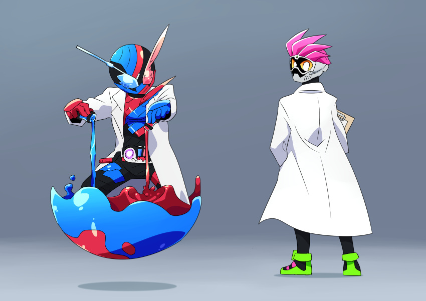 2boys absurdres action_gamer_level_2 belt highres kamen_rider kamen_rider_build kamen_rider_build_(series) kamen_rider_ex-aid kamen_rider_ex-aid_(series) labcoat liquid looking_back male_focus mighty_action_x_level_2 multiple_boys otokamu