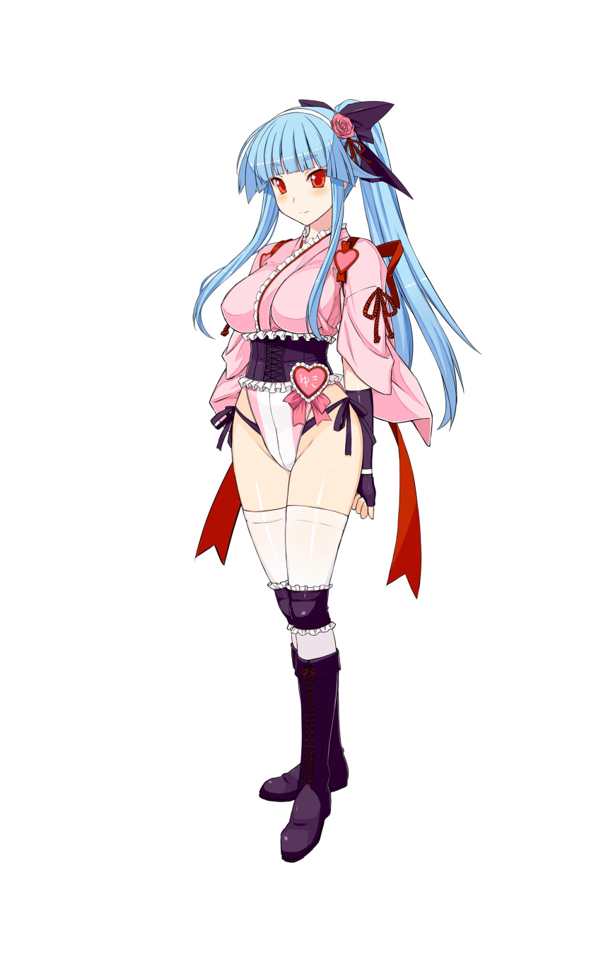 1girl absurdres bangs blue_hair blunt_bangs blush boots bow breasts corset elbow_gloves fingerless_gloves flower frills gloves hair_bow hair_flower hair_ornament heart highres himukai_kyousuke japanese_clothes large_breasts leotard long_hair looking_at_viewer official_art ponytail red_eyes ring_dream rose smile solo thigh-highs wrestling_outfit yuki_onna_(ring_dream)