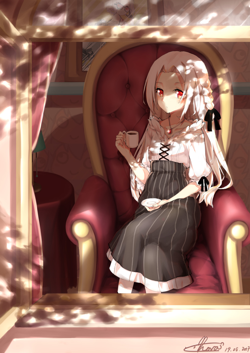 1girl absurdres alternate_costume alternate_hairstyle arm_rest armchair artist_name black_ribbon black_skirt blouse braid chair closed_mouth collarbone cup curtains cyta_celest dated expressionless from_outside glint hair_ribbon hand_on_own_thigh hand_up high-waist_skirt highres holding holding_cup holding_saucer jewelry lamp legs_crossed light long_hair long_skirt necklace pedestal pendant picture_frame puffy_sleeves red_eyes ribbon ribbon-trimmed_clothes ribbon_trim ruby_(stone) saucer shade shadow signature sitting skirt solo striped striped_skirt sunlight through_window underbust vertical-striped_skirt vertical_stripes vittorio_veneto_(zhan_jian_shao_nyu) wallpaper_(object) white_blouse white_hair window zhan_jian_shao_nyu