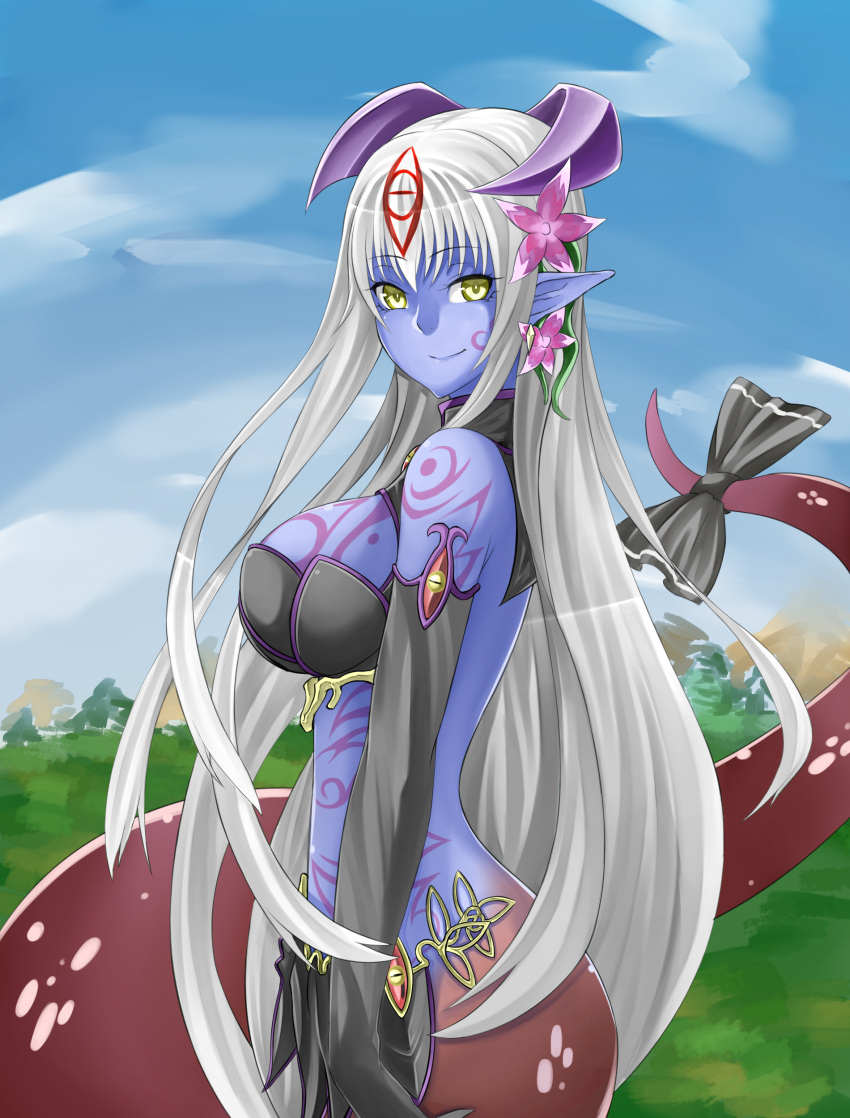 1girl absurdres alisfieze_fateburn_xvi bare_shoulders black_gloves blue_skin blue_sky breasts commentary_request day elbow_gloves flower from_side full_body_tattoo gloves hair_flower hair_ornament highres horns lamia large_breasts long_hair looking_at_viewer mon-musu_quest! monster_girl nature onji outdoors pointy_ears ribbon silver_hair sky smile solo tail tail_ribbon tattoo upper_body very_long_hair yellow_eyes