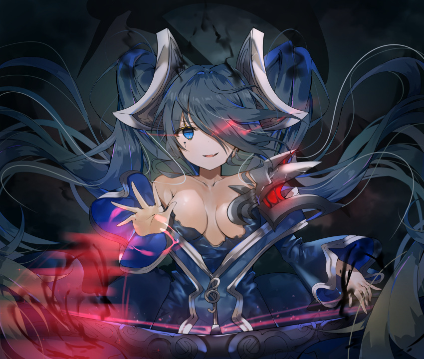 1girl alternate_costume alternate_hair_color black_hair blue_eyes breasts collarbone eyebrows_visible_through_hair highres large_breasts league_of_legends long_hair parted_lips smile solo sona_buvelle twintails upper_body yuuko_(030_yuko)