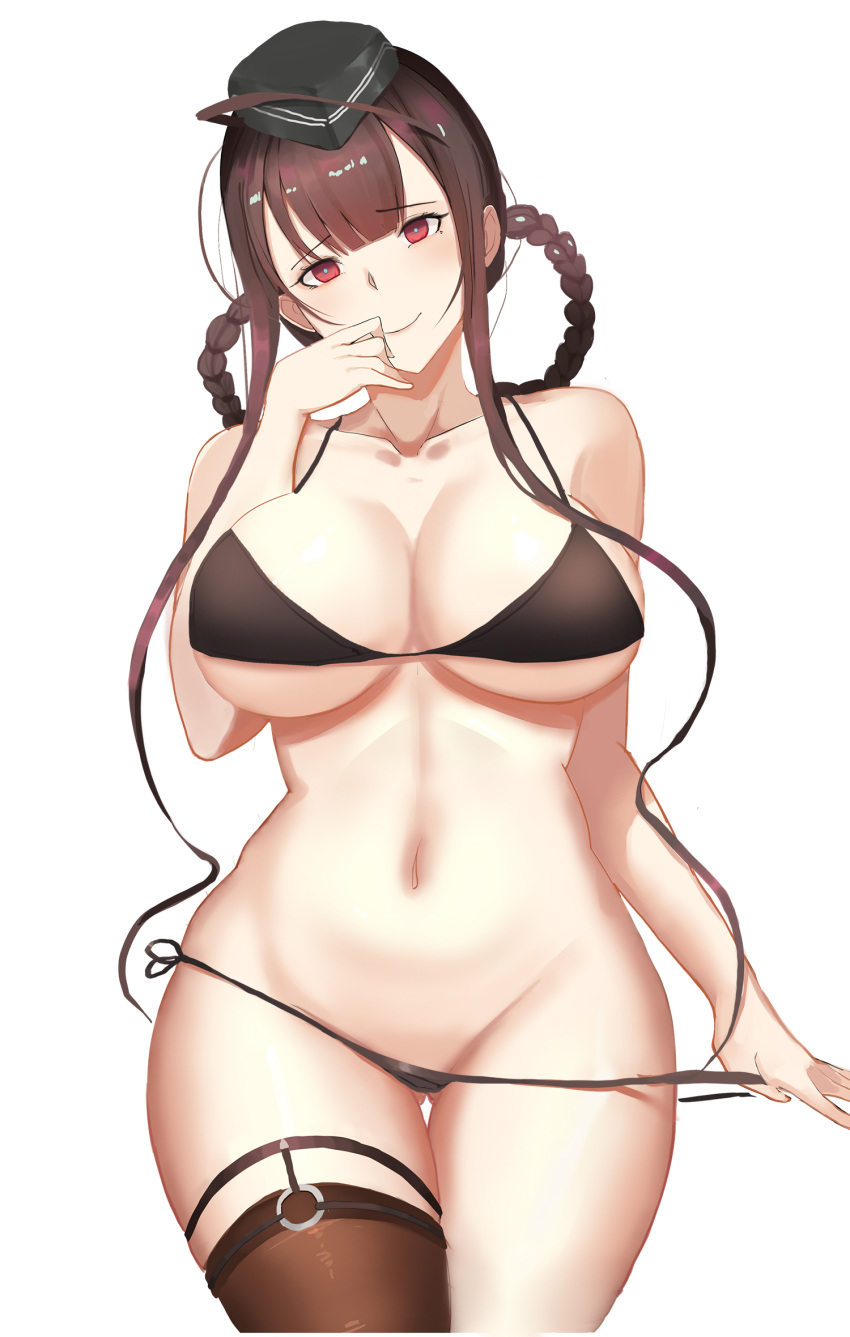 1girl bangs bikini bikini_pull black_bikini black_legwear blunt_bangs blush braid breasts brown_hair closed_mouth collarbone cowboy_shot dsr-50_(girls_frontline) eyebrows_visible_through_hair garrison_cap gg-e girls_frontline hand_up hat highres hips large_breasts long_hair looking_at_viewer military_hat navel red_eyes side-tie_bikini sidelocks simple_background single_thighhigh smile solo swimsuit thick_thighs thigh-highs thighs under_boob white_background wide_hips
