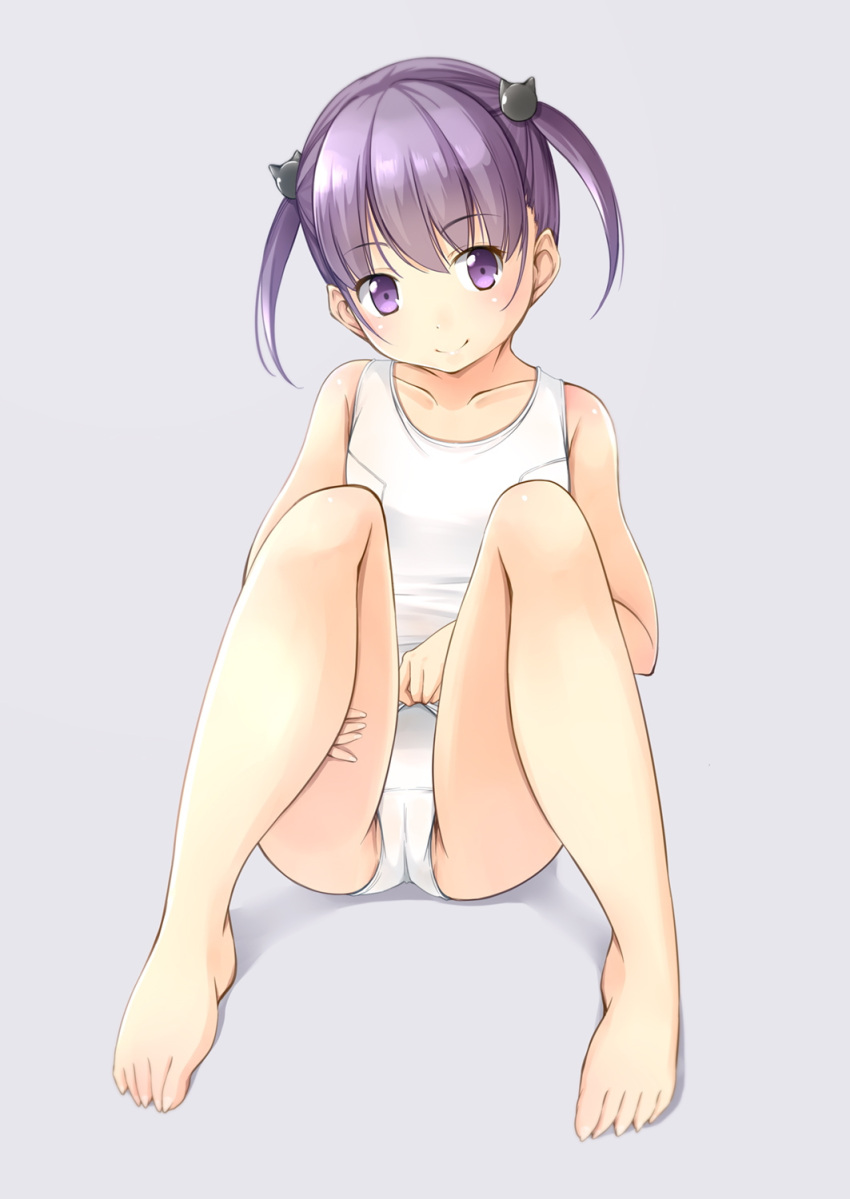 1girl barefoot cat_hair_ornament grey_background hair_ornament highres looking_at_viewer original purple_hair school_swimsuit shibacha_(shibacha_0728) short_hair simple_background sitting solo swimsuit twintails violet_eyes white_school_swimsuit white_swimsuit