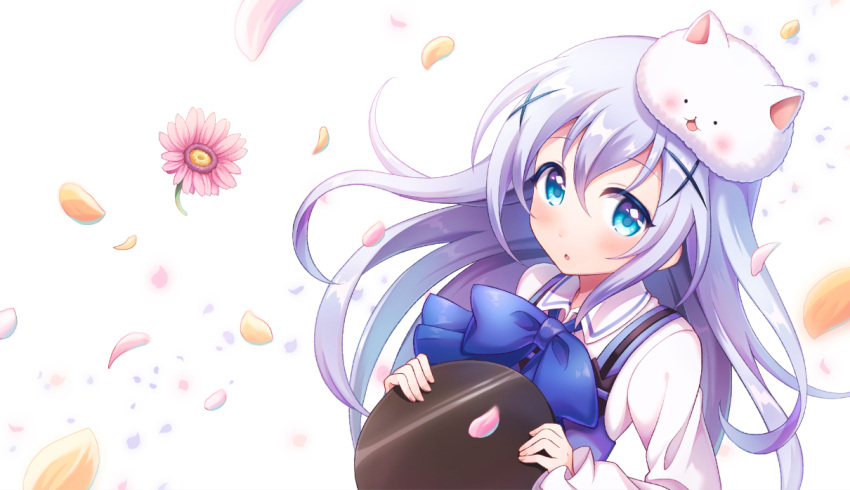 1girl animal animal_on_head blue_bow blue_bowtie blue_eyes bow bowtie bunny_on_head floating_hair gochuumon_wa_usagi_desu_ka? hair_between_eyes kafuu_chino long_hair on_head parted_lips pink_flower rabbit silver_hair simple_background solo suzumi_shiro tippy_(gochiusa) upper_body white_background