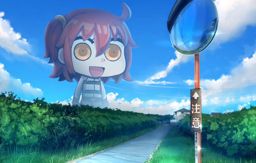 ahoge anonamos bangs blue_sky building bush chibi clouds cloudy_sky commentary_request dot_nose empty_eyes fate_(series) fujimaru_ritsuka_(female) grass hair_between_eyes house light_brown_eyes looking_at_viewer mirror open_mouth outdoors redhead riyo_(lyomsnpmp)_(style) road scenery short_hair sign sky traffic_mirror