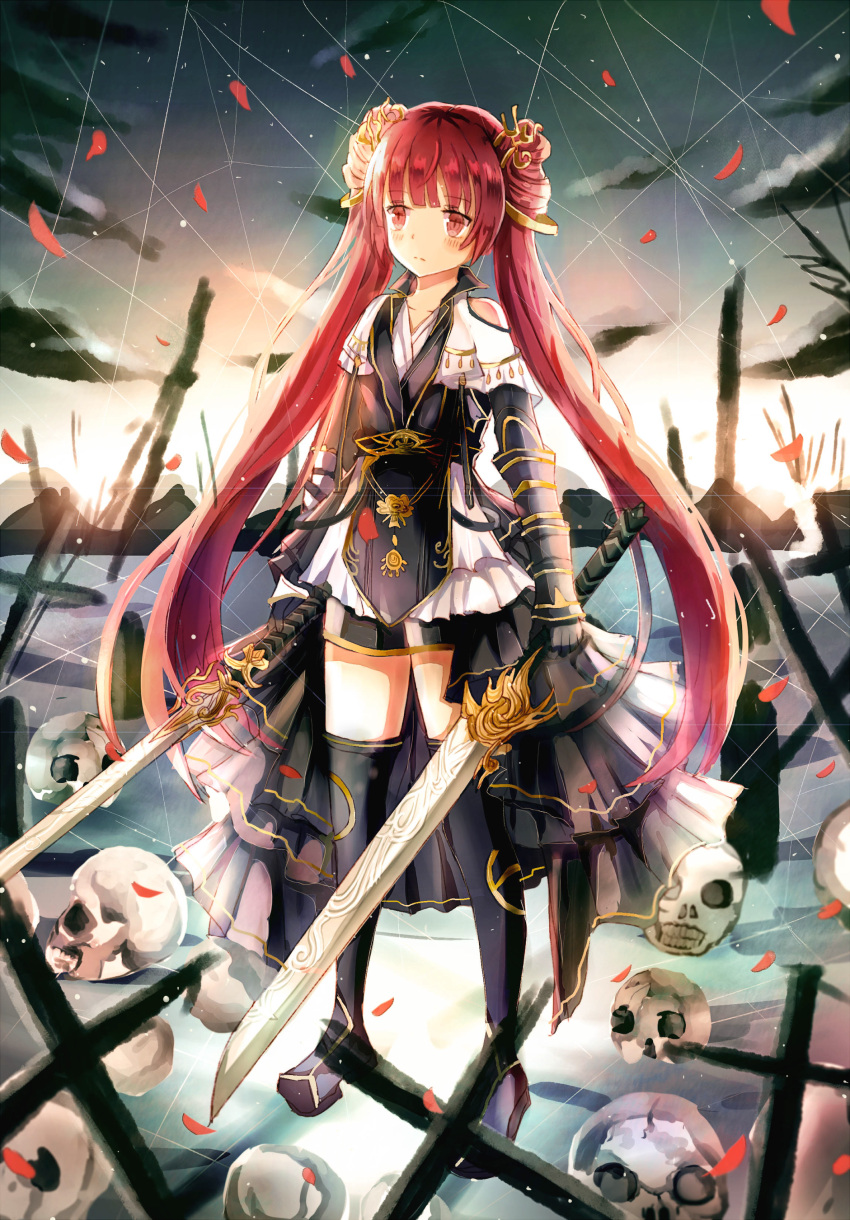 1girl absurdres black_legwear collarbone eyebrows_visible_through_hair highres holding holding_sword holding_weapon iceblue long_hair looking_away original red_eyes redhead solo sword thigh-highs twintails weapon