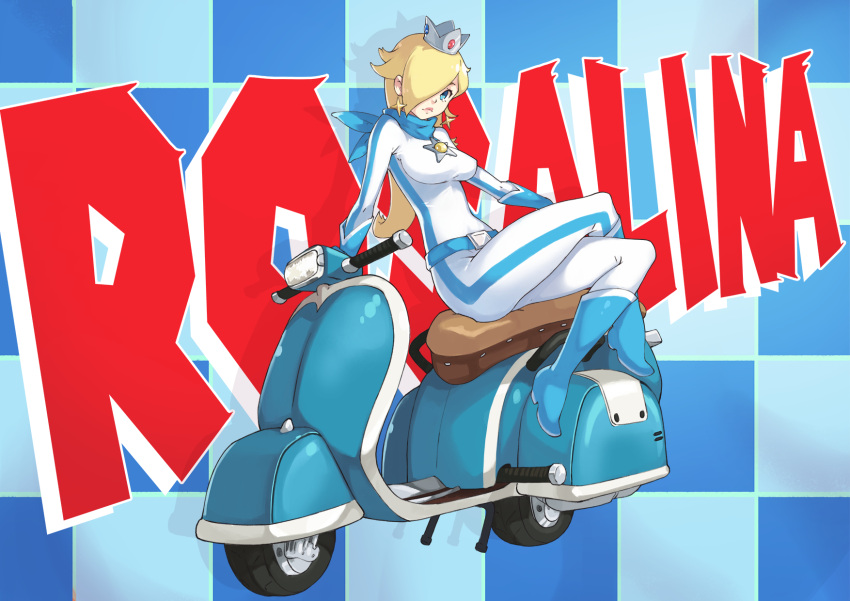 1girl belt blonde_hair blue_boots blue_eyes blue_gloves boots character_name crown earrings gloves ground_vehicle hair_over_one_eye highres jewelry looking_at_viewer super_mario_bros. mario_kart mini_crown moped motor_vehicle racing_suit rosetta_(mario) scarf sitting solo star star_earrings super_mario_galaxy vins-mousseux