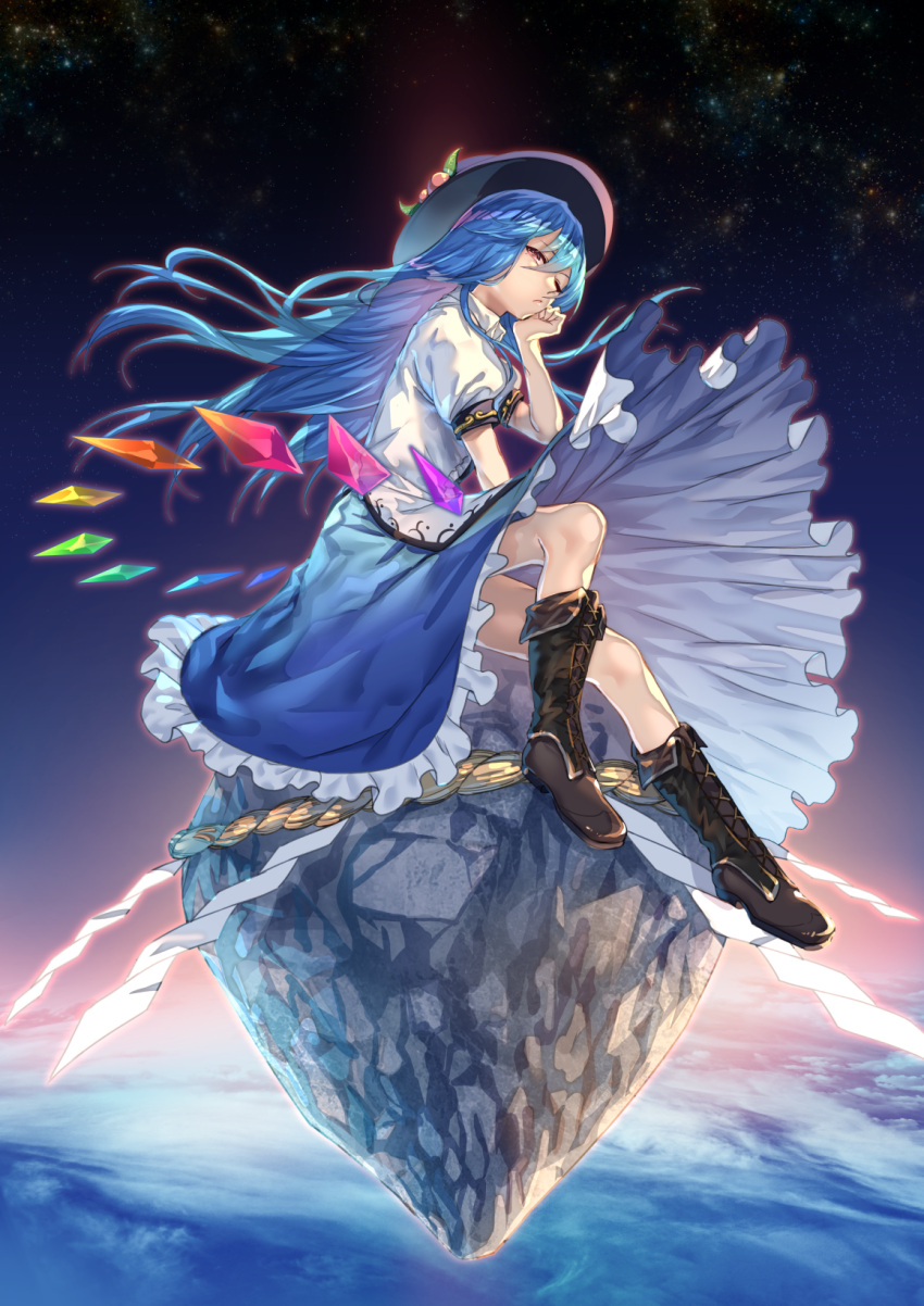 1girl bangs black_boots black_hat blue_hair blue_skirt boots closed_mouth clouds cross-laced_footwear eyebrows_visible_through_hair floating food from_side fruit full_body hair_between_eyes hand_on_own_chin hat highres hinanawi_tenshi key lace-up_boots legs_crossed long_hair long_skirt looking_at_viewer one_eye_closed outdoors peach rope shimenawa short_sleeves sitting skirt sky solo star_(sky) starry_sky touhou uu_uu_zan violet_eyes wind wind_lift