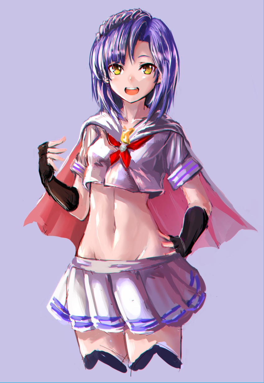1girl :d absurdres bangs black_gloves blue_hair breasts cape commentary_request cowboy_shot crop_top deluxe&lt;&lt;&lt; elbow_gloves fingerless_gloves gloves hand_on_hip highres idolmaster looking_at_viewer midriff nanao_yuriko navel neckerchief open_mouth purple_background red_neckerchief school_uniform short_hair short_sleeves simple_background sketch small_breasts smile solo yellow_eyes