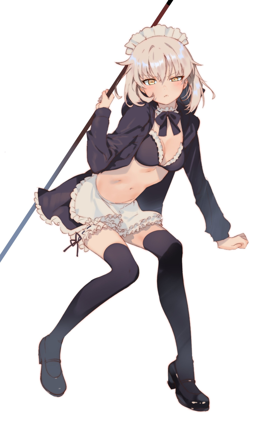 &gt;:( 1girl absurdres apron arm_support artoria_pendragon_(all) aruterra bikini_top black_bikini_top black_legwear breasts choker cleavage fate/grand_order fate_(series) frown full_body highres hood hooded_jacket hoodie jacket leaning_forward leg_garter light_brown_hair looking_at_viewer maid_headdress mary_janes midriff navel open_clothes open_hoodie open_jacket polearm ribbon_trim saber_alter shoes short_hair simple_background sitting skirt small_breasts solo thigh-highs waist_apron weapon white_background yellow_eyes