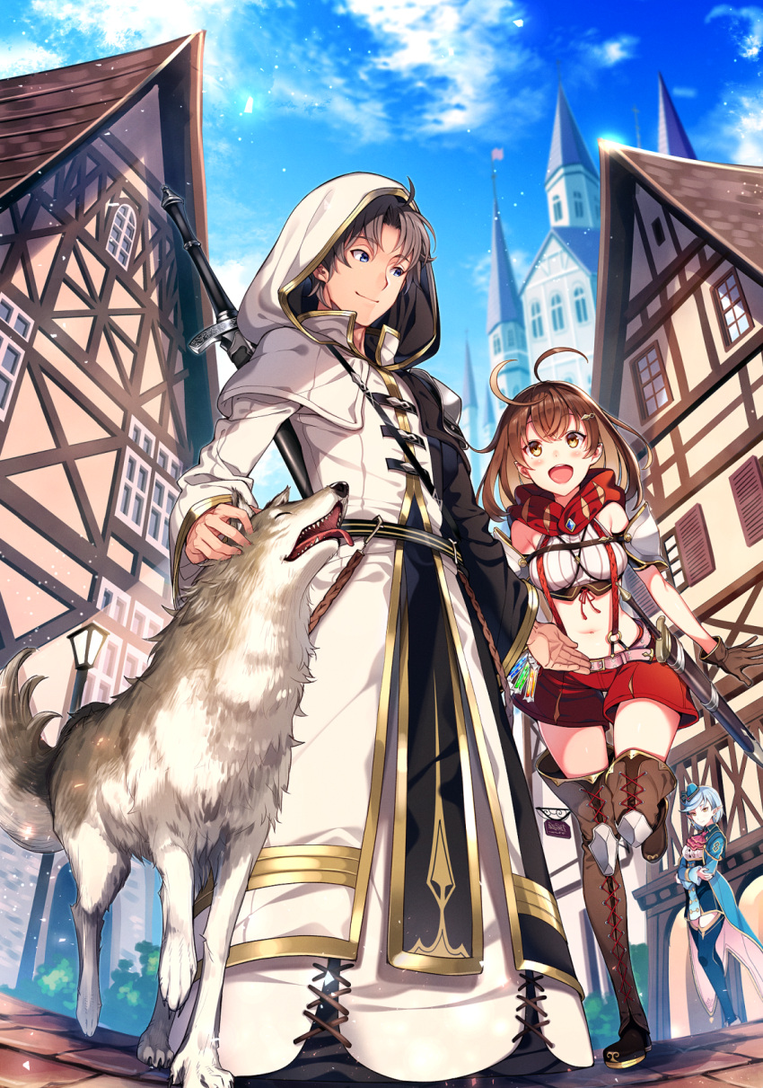 1boy 2girls :d ahoge bangs black_hair blue_eyes blue_sky blush boots breasts brown_boots brown_eyes brown_hair capelet closed_mouth clouds cloudy_sky coat cut_(bu-kunn) day doppel_tensei_kantei_&amp;_copy_nouryoku_de_medatazu_chakuchaku_to_saikyou_ni eyebrows_visible_through_hair fantasy fisheye hair_ornament hairclip hat highres hood hood_up hooded_robe long_hair long_sleeves looking_at_another medium_breasts midriff mini_hat multiple_girls navel novel_illustration open_clothes open_coat open_mouth outdoors outstretched_hand parted_bangs pointy_ears red_shorts short_hair shorts sky smile standing suspender_shorts suspenders thigh-highs thigh_boots walking wolf