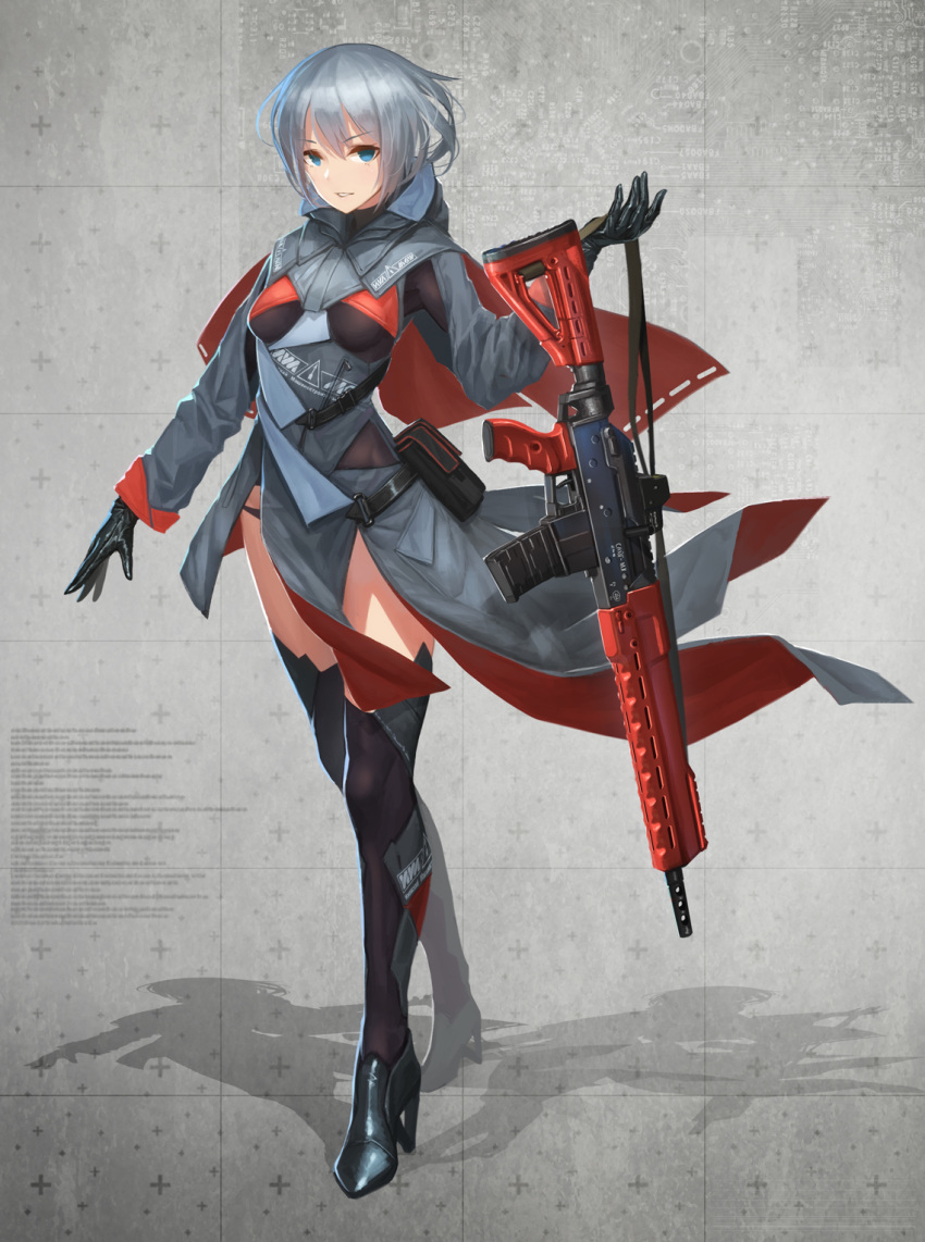 1girl bangs black_boots black_panties blue_eyes boots breasts eyebrows_visible_through_hair full_body girls_frontline gun hand_up high_heel_boots high_heels highres holding holding_gun holding_weapon looking_at_viewer military military_uniform original panties parted_lips pelvic_curtain pouch saiga_mk-107_(girls_frontline) shadow short_hair shotgun sidelocks silver_hair sling small_breasts solo standing thigh-highs thigh_boots tom-neko_(zamudo_akiyuki) tsurime underwear uniform weapon