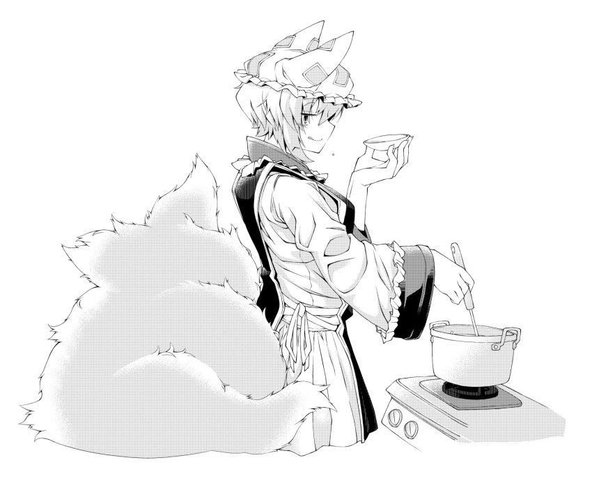 1girl :q closed_mouth cooking eyebrows_visible_through_hair fox_tail from_side greyscale hat highres holding ladle looking_at_viewer mob_cap monochrome pot saucer short_hair simple_background solo stove tabard tail tongue tongue_out touhou white_background yakumo_ran zawa_(zawzawranran2)