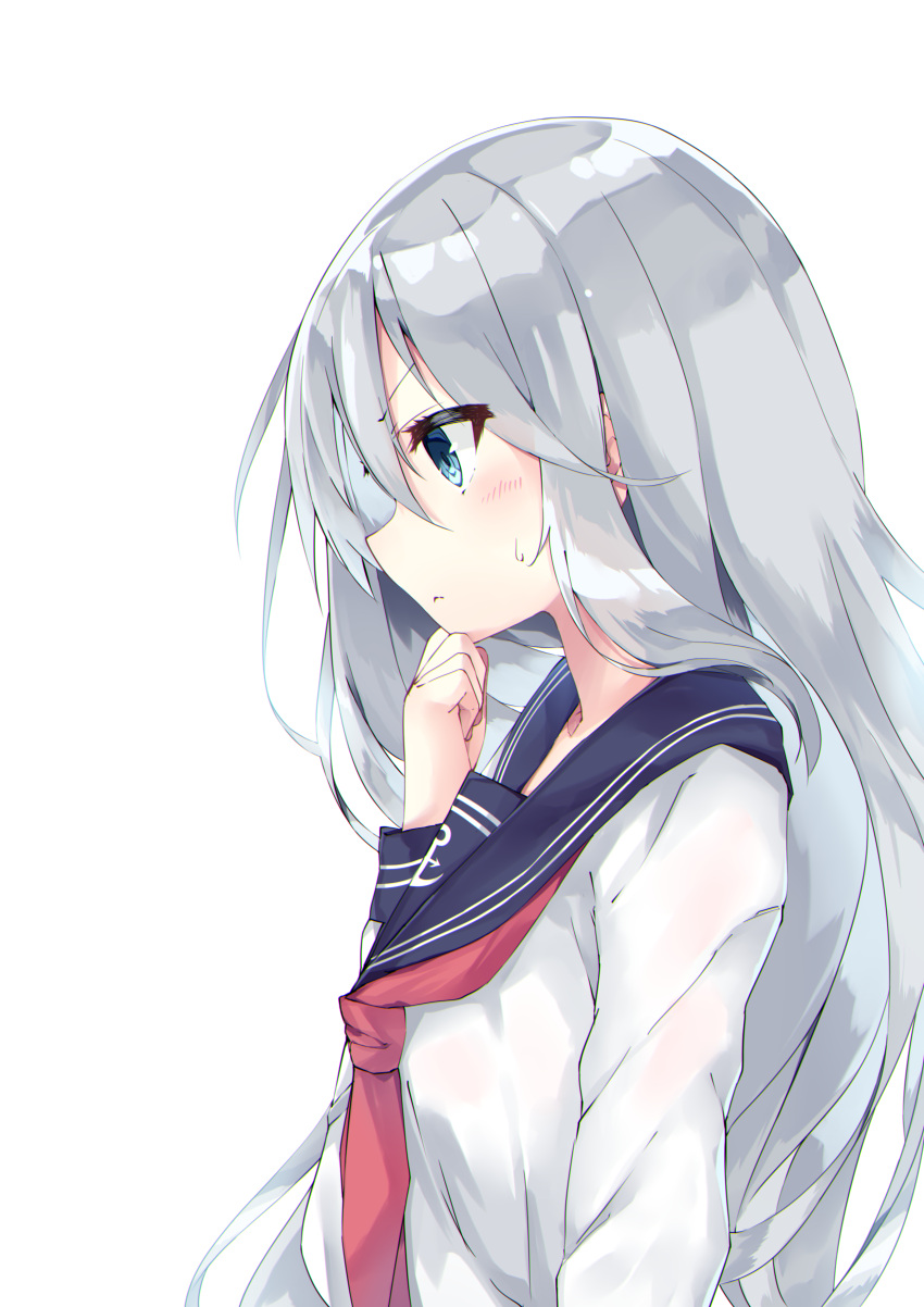 1girl absurdres black_sailor_collar blue_eyes hamaru_(s5625t) hibiki_(kantai_collection) highres kantai_collection long_hair long_sleeves neckerchief no_hat no_headwear red_neckerchief sailor_collar school_uniform serafuku silver_hair simple_background solo white_background