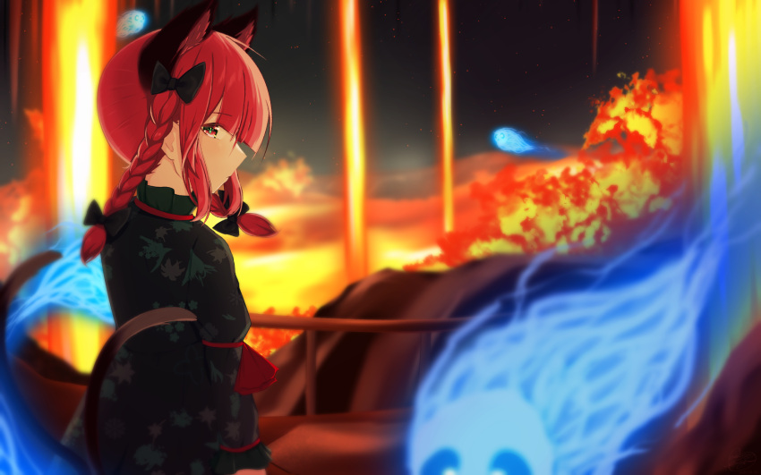 1girl black_bow blue_fire bow cat_day cat_tail closed_mouth dress expressionless fire flaming_skull floating_skull from_side green_dress hair_bow hair_ribbon highres hitodama kaenbyou_rin looking_at_viewer mashiba_lei molten_rock multiple_tails nekomata profile red_eyes redhead ribbon sideways_glance solo tail touhou tress_ribbon two_tails underground