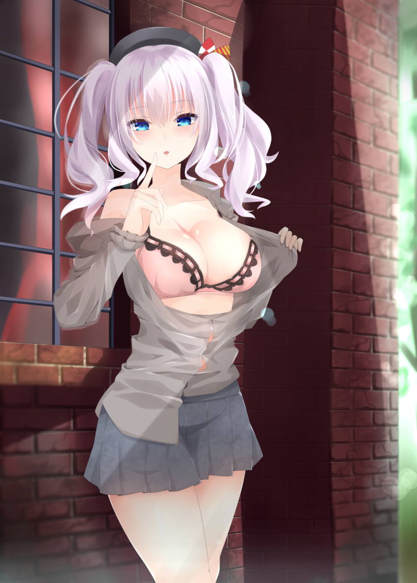 1girl absurdres beret black_hat black_skirt blue_eyes blush bra breasts brick_wall collarbone cowboy_shot day finger_to_mouth frilled_sleeves frills grey_shirt hair_between_eyes hat head_tilt highres kantai_collection kashima_(kantai_collection) lens_flare long_hair long_sleeves looking_at_viewer medium_breasts off_shoulder open_clothes open_shirt outdoors pink_bra pleated_skirt puckered_lips ribbon-trimmed_bra shirt silver_hair skirt solo standing surota twin underwear window