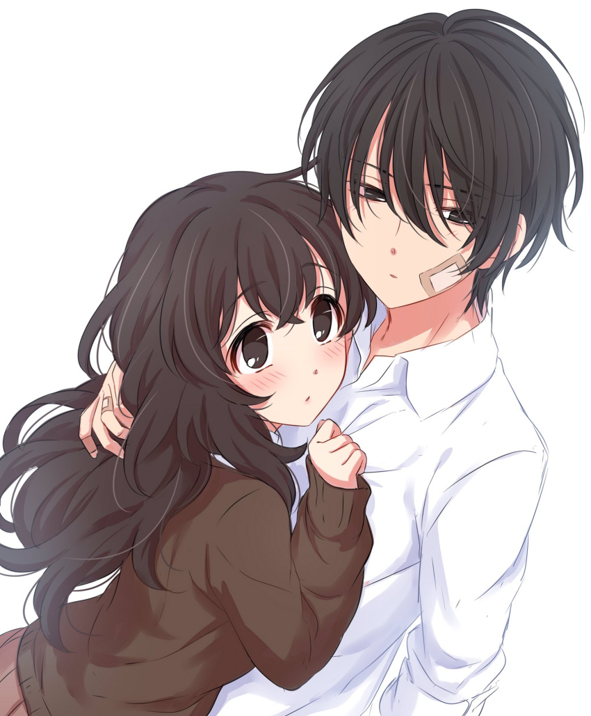 1boy 1girl bandaid bandaid_on_cheek bandaid_on_finger bangs black_eyes black_hair blush brown_eyes brown_hair brown_sweater eyebrows_visible_through_hair hand_in_another's_hair hands_on_another's_chest highres hug long_hair long_sleeves looking_at_another looking_away looking_to_the_side looking_up parted_lips pink_skirt pleated_skirt sekina shirt simple_background skirt upper_body white_background white_shirt