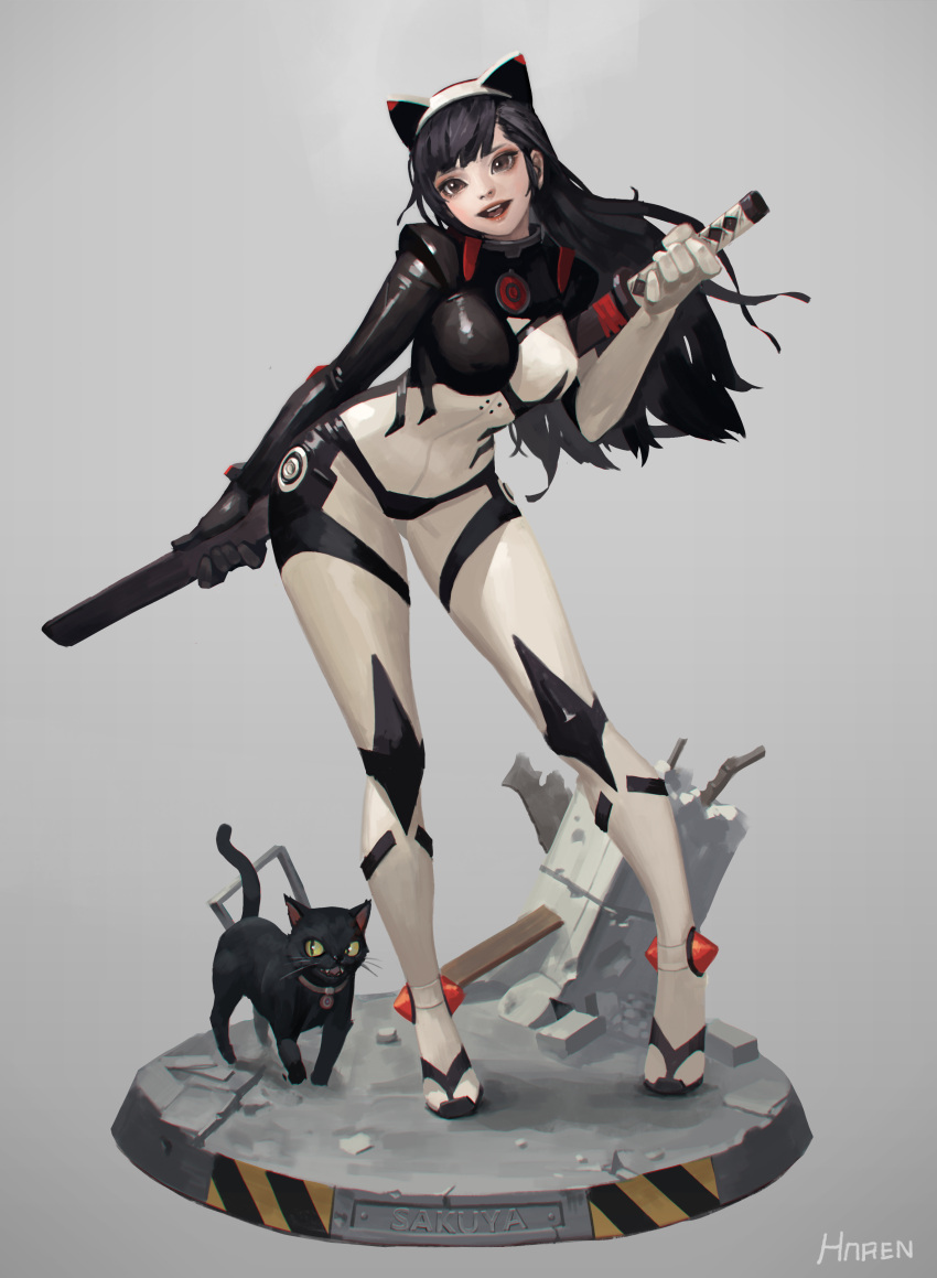 1girl :d absurdres animal_ears black_cat black_hair bodysuit breasts cat cat_ears character_name collar commentary concrete full_body hairband head_tilt highres holding holding_sword holding_weapon kim_han_seul leaning_forward leaning_to_the_side long_hair medium_breasts open_mouth original rebar sheath sheathed slit_pupils smile standing sword weapon yellow_sclera