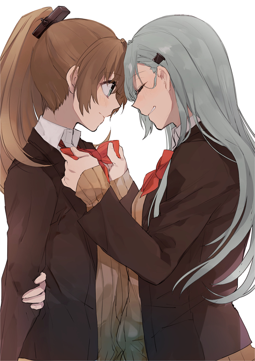 2girls adjusting_bow aqua_eyes arms_behind_back blazer blue_eyes blush bow bowtie brown_hair closed_eyes closed_mouth collared_shirt commentary_request eyebrows_visible_through_hair green_hair grin hair_between_eyes hair_ornament hairclip high_ponytail highres hita_(hitapita) jacket kantai_collection kumano_(kantai_collection) long_hair multiple_girls ponytail red_bow red_bowtie remodel_(kantai_collection) school_uniform shirt simple_background smile suzuya_(kantai_collection) sweater_vest upper_body white_background