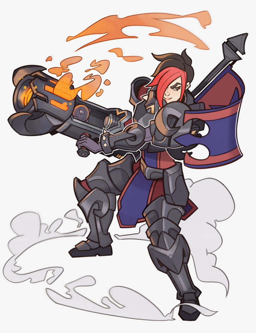 1girl absurdres armor armored_boots ash_(paladins) black_hair boots brown_eyes fire flag gloves gun hair_over_one_eye highres multicolored_hair paladins redhead short_hair simple_background solo splashbrush two-tone_hair weapon white_background
