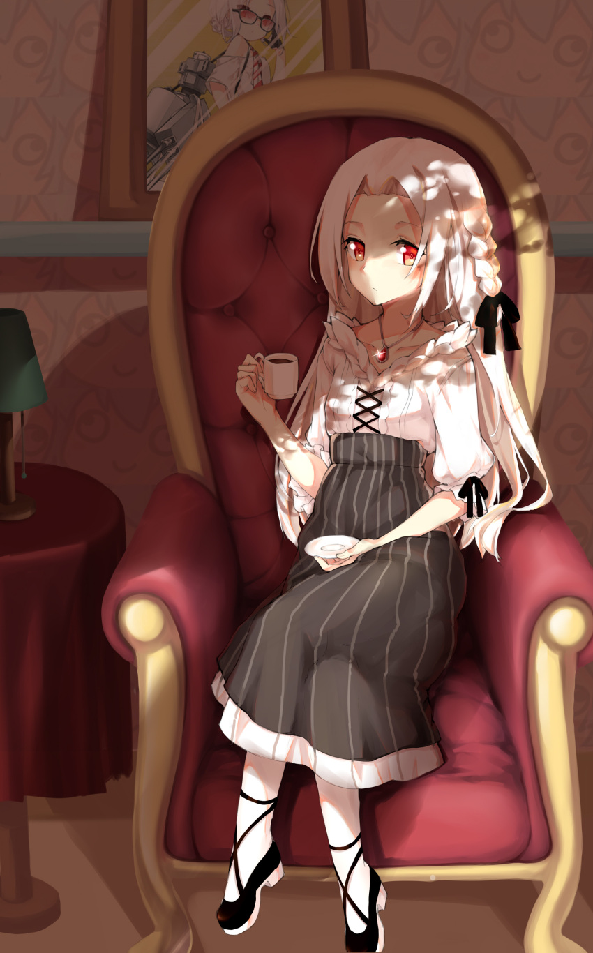 1girl absurdres alternate_costume alternate_hairstyle arm_rest armchair black_ribbon black_shoes black_skirt blouse braid chair closed_mouth collarbone cup curtains cyta_celest expressionless glint hair_ribbon hand_on_own_thigh hand_up high-waist_skirt highres holding holding_cup holding_saucer jewelry lamp legs_crossed light long_hair long_skirt necklace painting_(object) pedestal pendant picture_frame puffy_sleeves red_eyes ribbon ribbon-trimmed_clothes ribbon_trim ruby_(stone) saucer shade shadow shoes sitting skirt solo striped striped_skirt underbust vertical-striped_skirt vertical_stripes vittorio_veneto_(zhan_jian_shao_nyu) wallpaper wallpaper_(object) white_blouse white_hair zhan_jian_shao_nyu