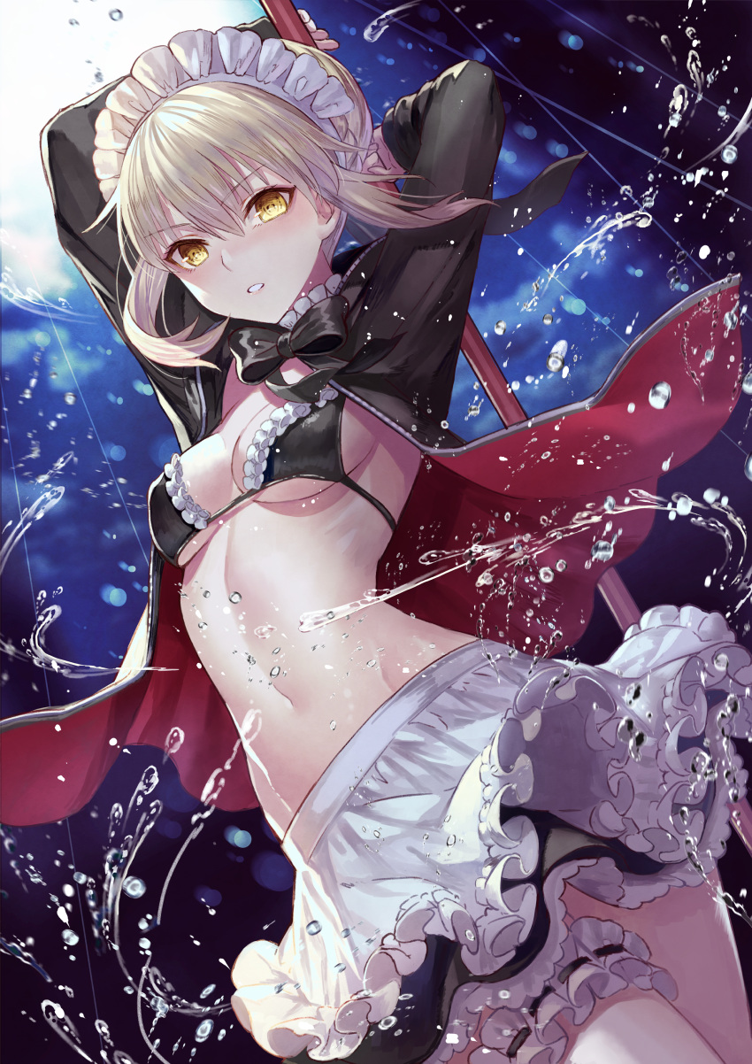 1girl absurdres apron artoria_pendragon_(all) bikini black_bikini blonde_hair braid breasts broom dark_persona fate/grand_order fate/stay_night fate_(series) french_braid garters highres jacket maid_apron maid_headdress navel parted_lips saber_alter small_breasts solo swimsuit terai_(teraimorimori) water yellow_eyes