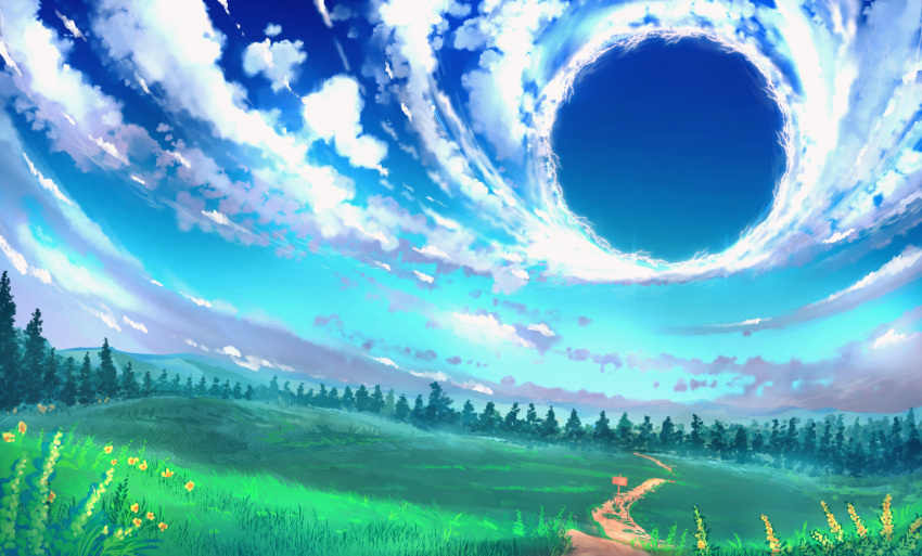 anonamos blue_sky clouds cloudy_sky fate/grand_order fate_(series) flower forest grass hill nature no_humans outdoors road scenery sign sky tree