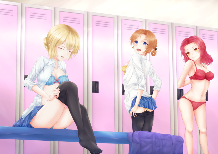 3girls arms_behind_back bangs black_bow black_legwear blonde_hair blue_bra blue_eyes blue_panties blue_skirt bow bow_bra bra braid breasts brown_eyes closed_eyes commentary_request darjeeling dress_shirt feet from_behind girls_und_panzer hair_bow locker_room long_hair long_sleeves looking_at_another medium_breasts miniskirt multiple_girls no_shoes open_clothes open_mouth open_shirt orange_hair orange_pekoe panties pantyhose pantyhose_pull parted_bangs parted_lips pleated_skirt red_bra red_panties redhead rosehip sausan school_uniform shirt short_hair sitting skirt skirt_lift smile st._gloriana's_school_uniform standing tied_hair twin_braids underwear underwear_only undressing white_shirt yellow_bra yellow_panties