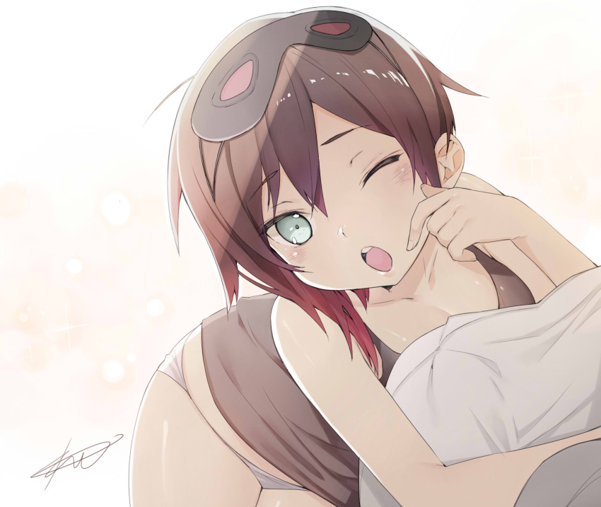 1girl ;o bare_shoulders black_hair blush breasts cleavage grey_eyes highres looking_at_viewer multicolored_hair one_eye_closed open_mouth panties pillow ruby_rose rwby short_hair signature simple_background sleep_mask slslsl7266 solo tank_top teeth two-tone_hair underwear white_background