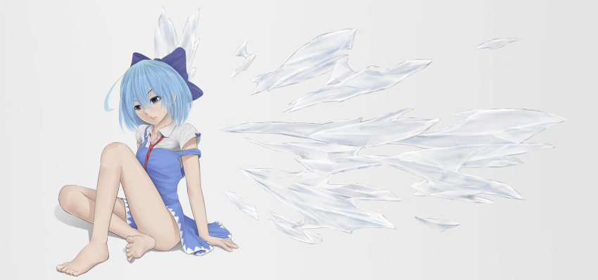 &gt;:/ 1girl :/ arm_support bangs bare_legs barefoot blue_bow blue_dress blue_eyes blue_hair bow cirno closed_mouth dress from_side full_body hair_bow highres ice ice_wings necktie puffy_short_sleeves puffy_sleeves red_necktie short_hair short_sleeves sitting solo thighs touhou tsukidaruma wings