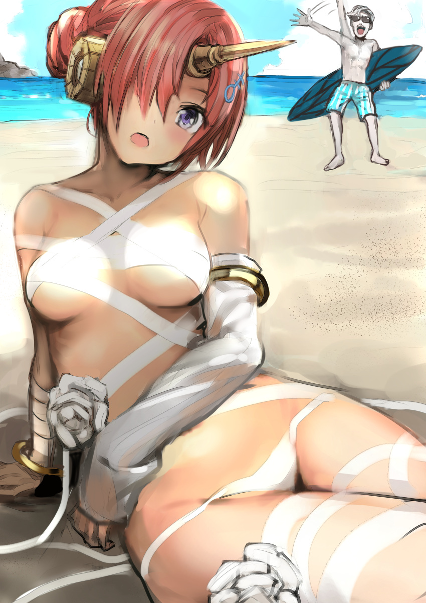 1boy 1girl absurdres akechi_shizuku arm_support arm_up bandage bandaged_arm bangs beach bikini blush bracelet detached_sleeves facial_hair fate_(series) frankenstein's_monster_(swimsuit_saber)_(fate) hair_bun hair_ornament hair_over_one_eye highres horn james_moriarty_(fate/grand_order) jewelry looking_at_viewer lying mustache ocean on_back open_mouth outdoors pink_hair short_hair shorts silver_hair solo_focus sunglasses surfboard swimsuit violet_eyes waving white_bikini white_flower