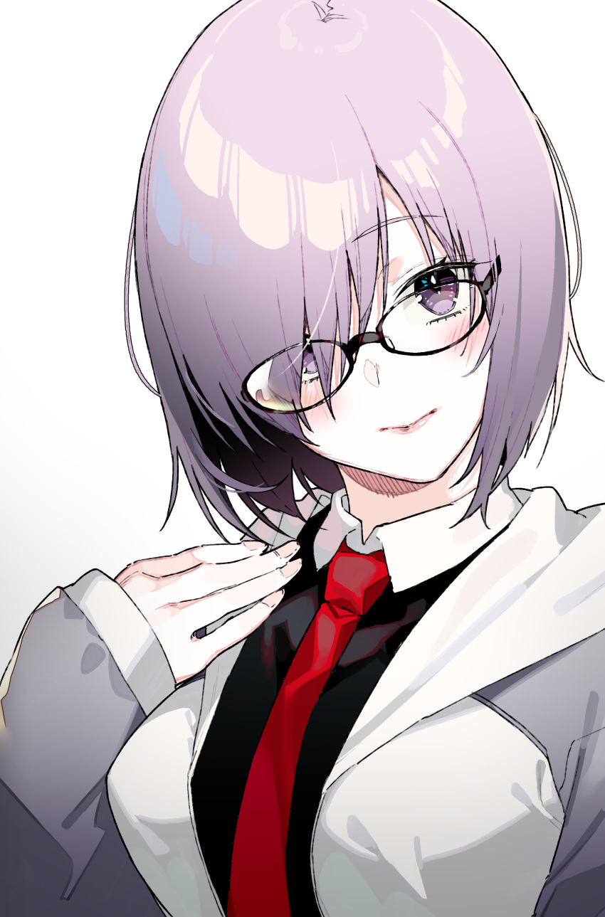 1girl absurdres blush breasts fate/grand_order fate_(series) glasses hair_over_one_eye highres hood hooded_jacket jacket kayahara looking_at_viewer necktie purple_hair shielder_(fate/grand_order) simple_background smile solo violet_eyes white_background