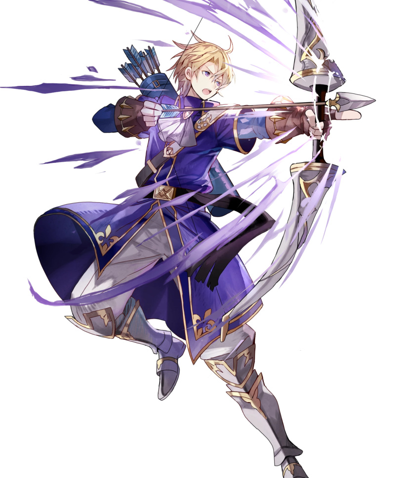 1boy armor armored_boots arrow belt blonde_hair boots bow_(weapon) fingerless_gloves fire_emblem fire_emblem:_fuuin_no_tsurugi fire_emblem_heroes full_body gloves highres klein_(fire_emblem) kotetsu_(popeethe) male_focus official_art open_mouth quiver solo teeth violet_eyes weapon