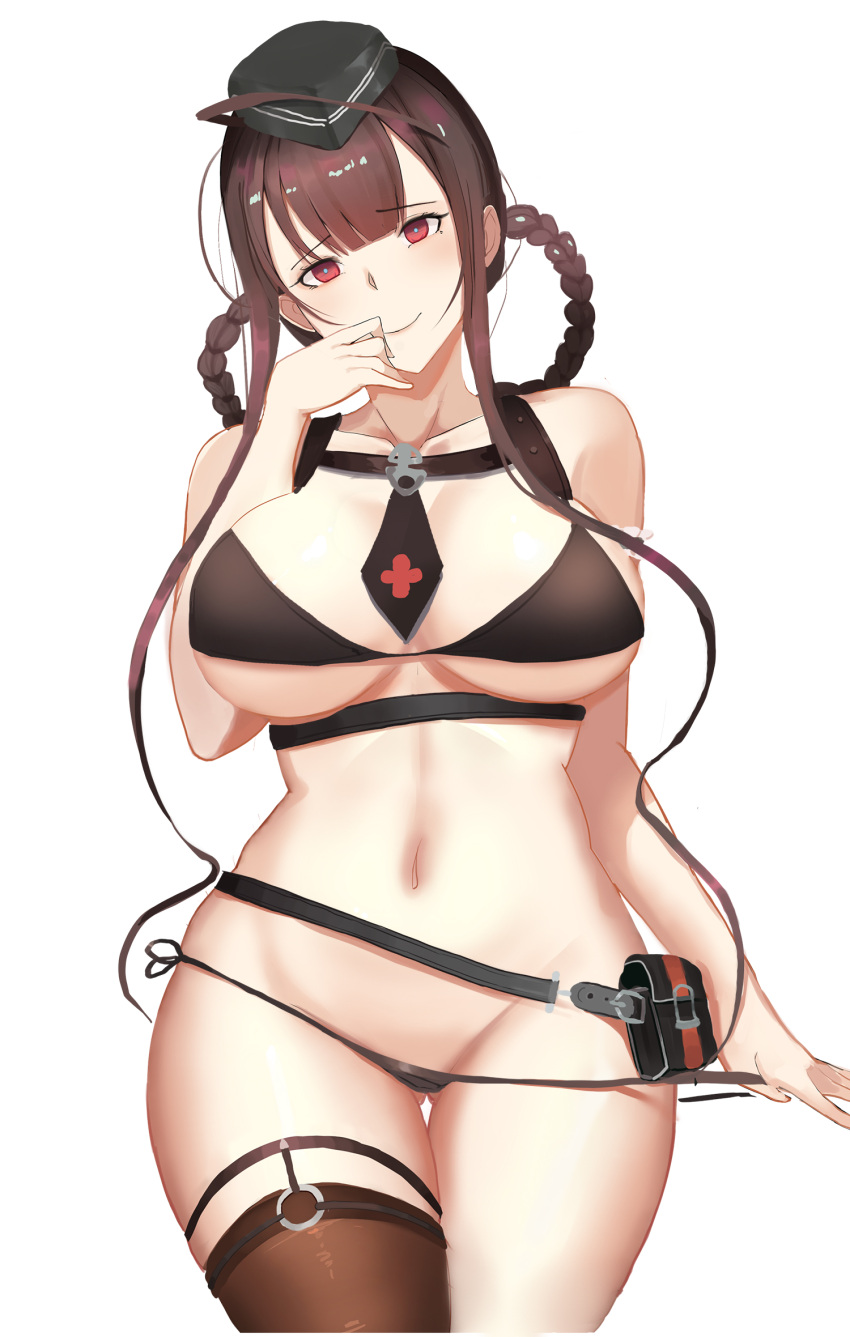 1girl bangs bikini bikini_pull black_bikini black_legwear black_necktie blunt_bangs blush braid breasts brown_hair closed_mouth collarbone cowboy_shot dsr-50_(girls_frontline) eyebrows_visible_through_hair garrison_cap gg-e girls_frontline hand_up hat highres hips large_breasts long_hair looking_at_viewer military_hat navel necktie pouch red_eyes side-tie_bikini sidelocks simple_background single_thighhigh smile solo strap swimsuit thick_thighs thigh-highs thighs under_boob white_background