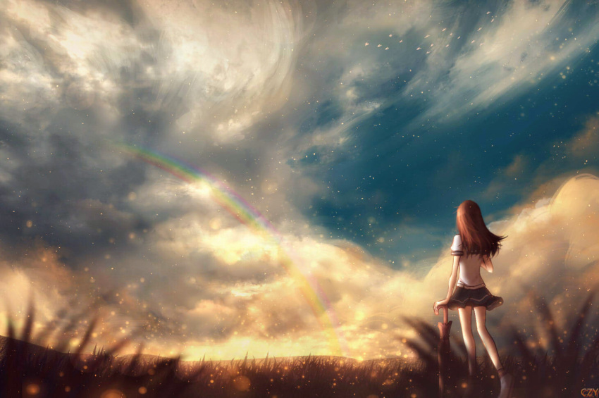 1girl blurry brown_hair clouds cloudy_sky commentary czy_(2894456992) grass horizon light_particles long_hair original rainbow scenery school_uniform serafuku signature sky star_(sky) umbrella