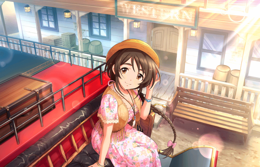 1girl aihara_yukino artist_request bracelet braid brown_eyes brown_hair carriage fringe hat idolmaster idolmaster_cinderella_girls idolmaster_cinderella_girls_starlight_stage jewelry jpeg_artifacts long_hair official_art smile solo very_long_hair western