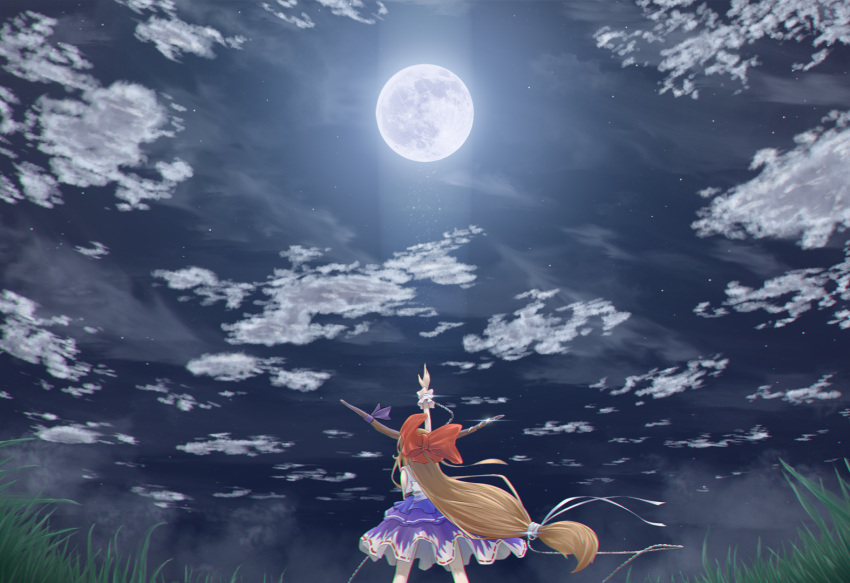 1girl arm_up blue_skirt bow brown_hair clouds cloudy_sky cowboy_shot from_behind full_moon hair_bow horn_ribbon horns ibuki_suika layered_skirt long_hair low-tied_long_hair moon moonlight night night_sky outdoors outstretched_arm red_bow ribbon shirt skirt sky sleeveless sleeveless_shirt solo touhou tsukidaruma very_long_hair white_shirt