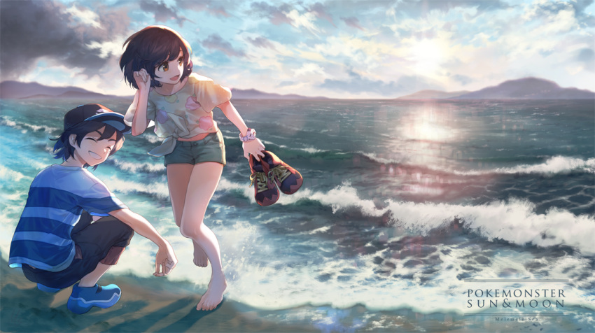 1boy 1girl barefoot baseball_cap beach black_hair brown_eyes capri_pants closed_eyes clouds copyright_name green_shorts grin hat holding holding_shoes melso mizuki_(pokemon_sm) ocean open_mouth pants pokemon pokemon_(game) pokemon_sm sand shirt shoes shoes_removed short_hair short_sleeves shorts sky smile squatting striped striped_shirt teeth tied_shirt water you_(pokemon_sm) z-ring