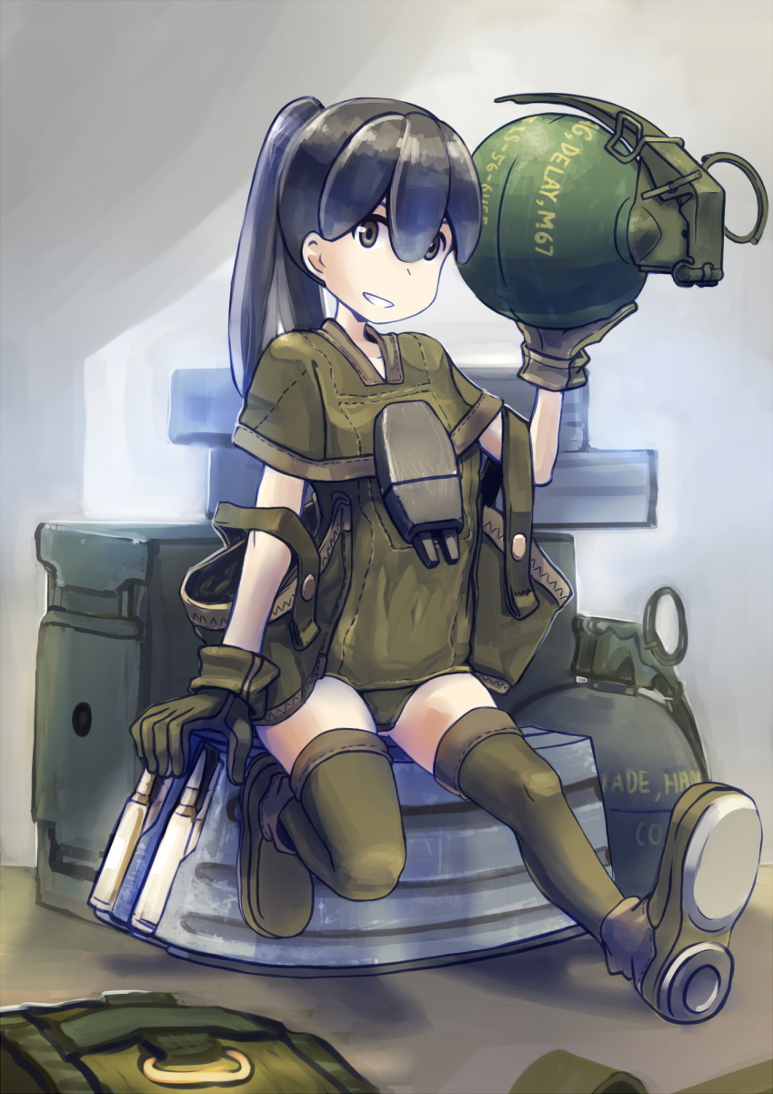 1girl ammo_box ammunition bangs black_hair boots brown_eyes cartridge combat_boots erica_(naze1940) explosive gloves green_boots green_gloves grenade grin hair_between_eyes high_ponytail highres holding leather leather_gloves long_hair looking_at_viewer magazine_(weapon) military minigirl original ponytail sitting smile solo split_ponytail teeth thigh-highs