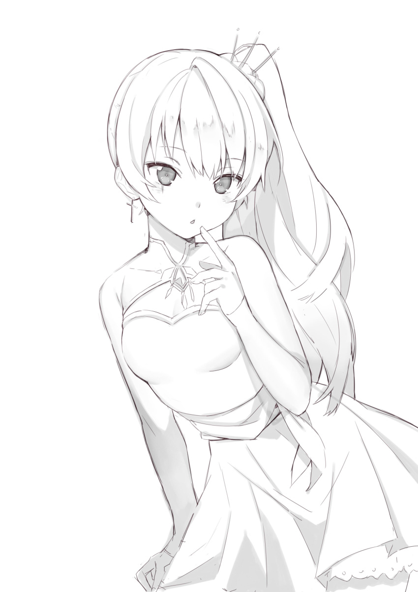 1girl :o absurdres bare_shoulders breasts cross cross_earrings dress earrings finger_to_mouth greyscale hair_ornament highres jewelry long_hair looking_at_viewer monochrome ponytail rwby scar simple_background sleeveless sleeveless_dress slslsl7266 weiss_schnee white_background