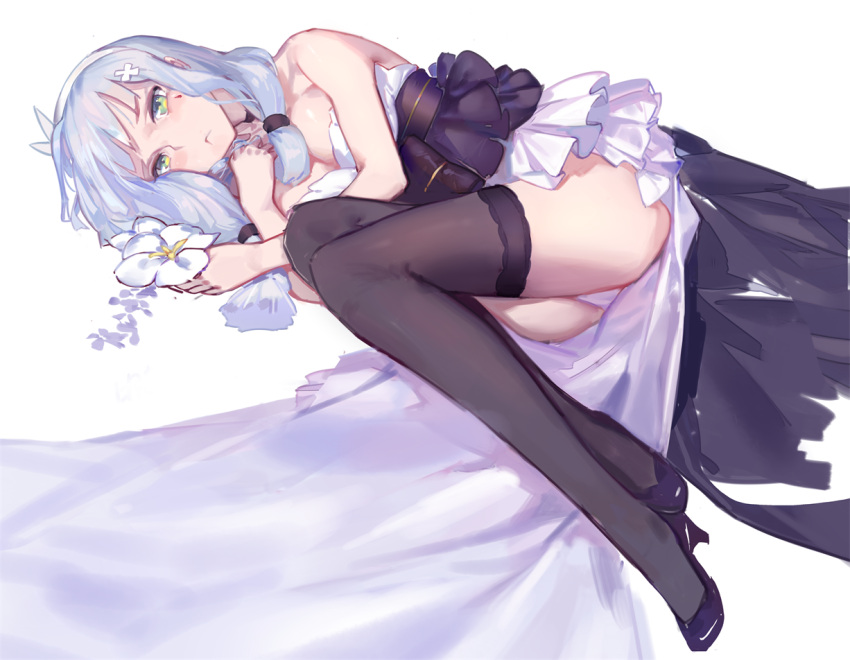 1girl bare_shoulders black_legwear black_shoes blue_hair blush breasts choker cleavage dress full_body gen_(bividgen) girls_frontline green_eyes hair_ornament hairband hk416_(girls_frontline) long_hair looking_at_viewer low_twintails lying medium_breasts on_side panties pout sash shoes silver_hair solo strapless teardrop thigh-highs twintails underwear white_dress white_panties
