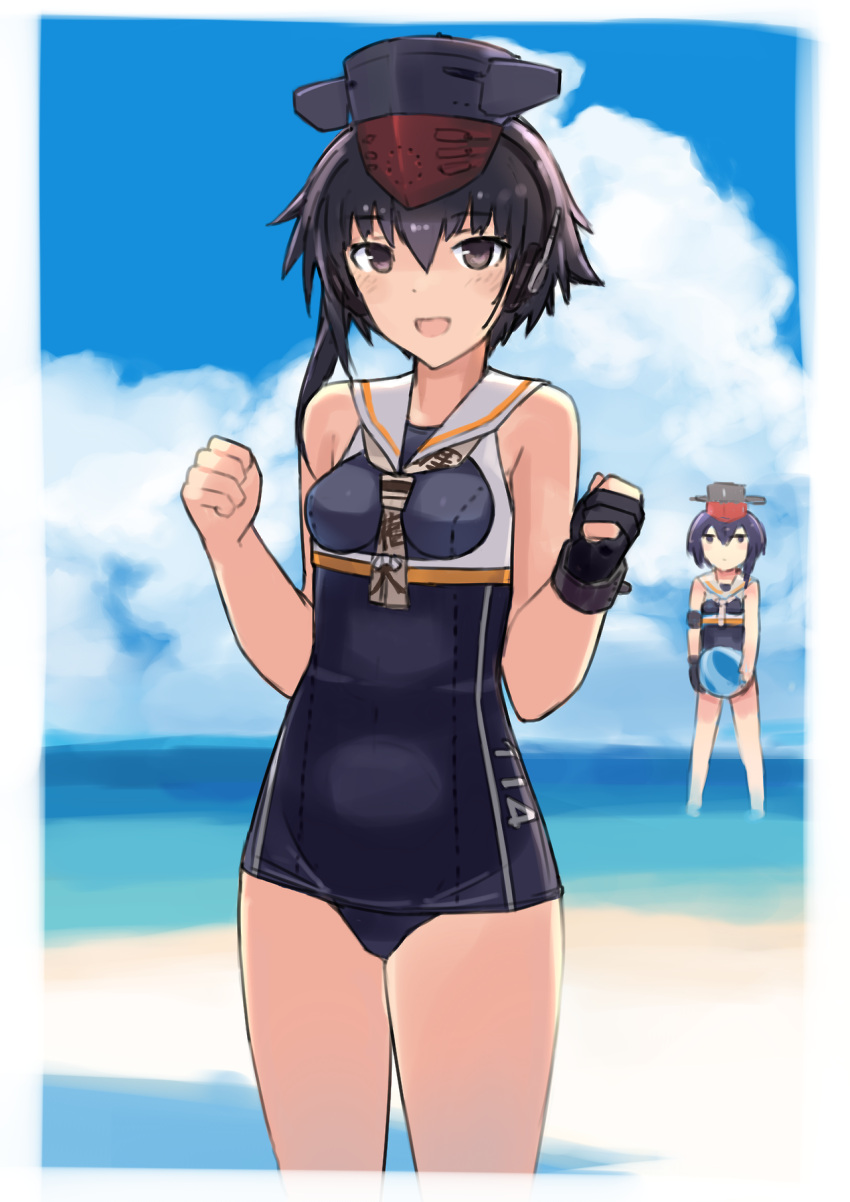 2girls asymmetrical_hair ball beach beachball black_hair blue_swimsuit breasts brown_eyes character_name clouds framed_breasts gloves hair_between_eyes headphones highres i-13_(kantai_collection) i-14_(kantai_collection) kantai_collection looking_at_viewer mcan multiple_girls open_mouth outdoors partly_fingerless_gloves sailor_collar school_swimsuit short_hair single_glove sisters sky solo_focus swimsuit thighs twins