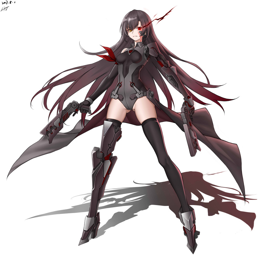 1girl absurdres artist_name bangs black_hair black_legwear black_leotard bodysuit breasts character_name dark_persona dated dual_wielding eyebrows_visible_through_hair full_body girls_frontline glowing glowing_eye gradient_hair gun handgun heterochromia highres holding holding_gun holding_weapon legs_apart leotard long_hair long_legs medium_breasts multicolored_hair nz_75_(girls_frontline) pistol red_eyes redhead sangvis_ferri shadow sidelocks signature simple_background solo standing thigh-highs thighs trigger_discipline very_long_hair weapon white_background yellow_eyes zui_ai_shuang_mawei