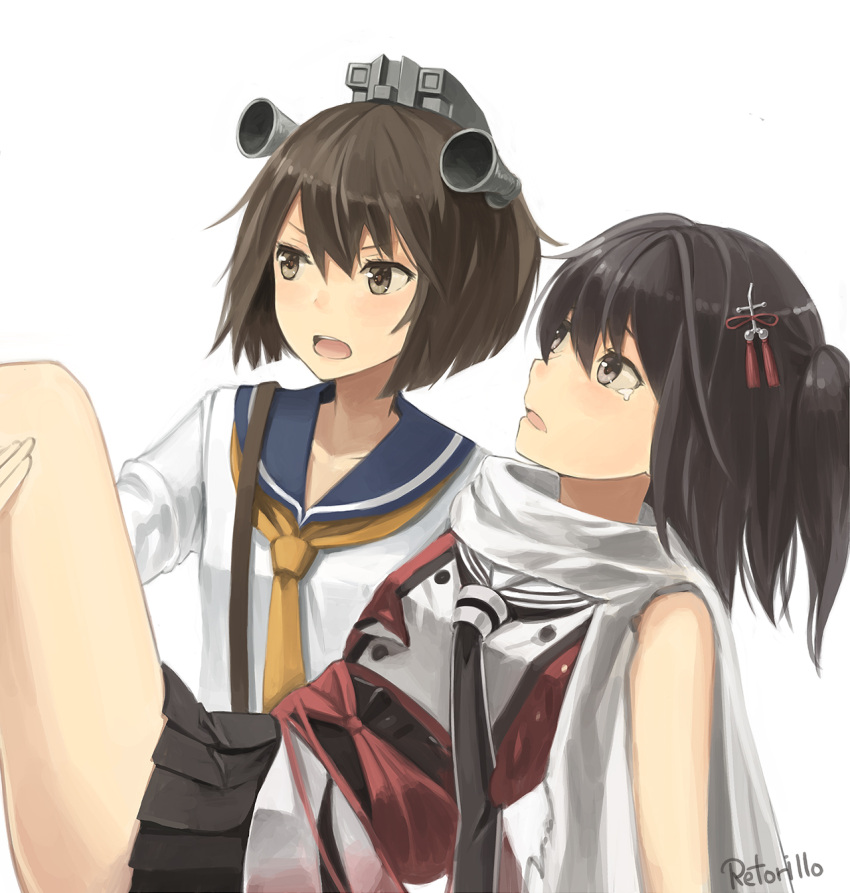 2girls artist_name black_hair bob_cut brown_eyes brown_hair carrying dress grey_eyes hair_ornament headgear highres kantai_collection multiple_girls open_mouth pleated_skirt princess_carry retorillo sailor_dress scarf school_uniform sendai_(kantai_collection) serafuku side_ponytail skirt strap tearing_up teeth tongue upper_body white_background white_scarf yukikaze_(kantai_collection)